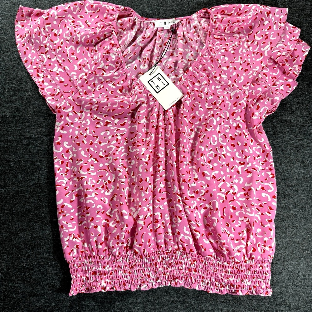 THML Blouse Women Medium Pink Hearts Ruffle Smocked Waist Whimsical Romantic